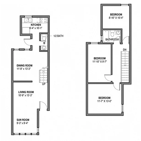 Floor plan for 3 beds, 1.5 baths, 1144 sqft